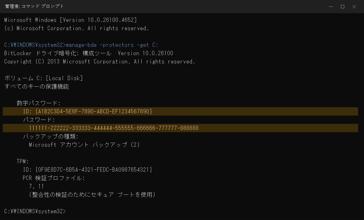 manage-bde -protectors -get C: の実行結果。数字パスワードのIDとパスワードが強調されている